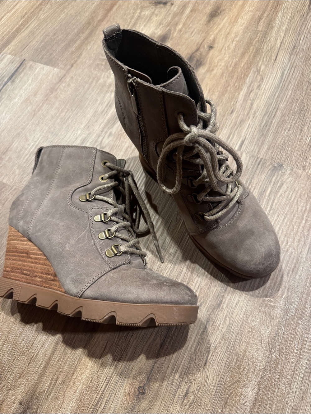 Sorel Taupe Lace-Up Wedge Ankle Boots